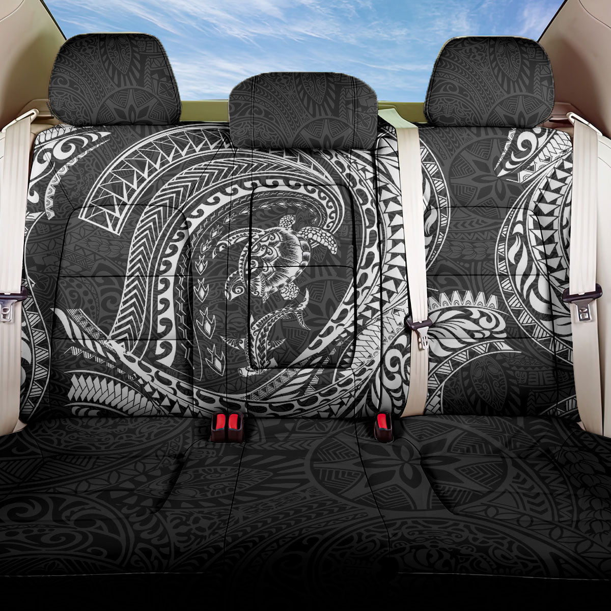 Hawaiian Turtle and Shark Back Car Seat Cover Kakau Tribal with Polynesian Pattern Black Color
