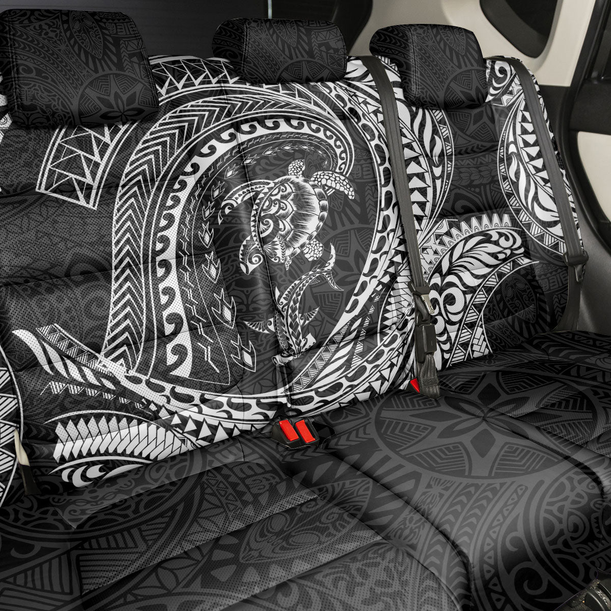 Hawaiian Turtle and Shark Back Car Seat Cover Kakau Tribal with Polynesian Pattern Black Color