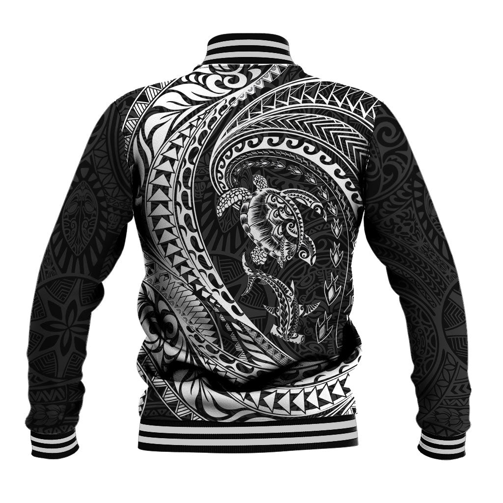 Hawaiian Turtle and Shark Baseball Jacket Kakau Tribal with Polynesian Pattern Black Color