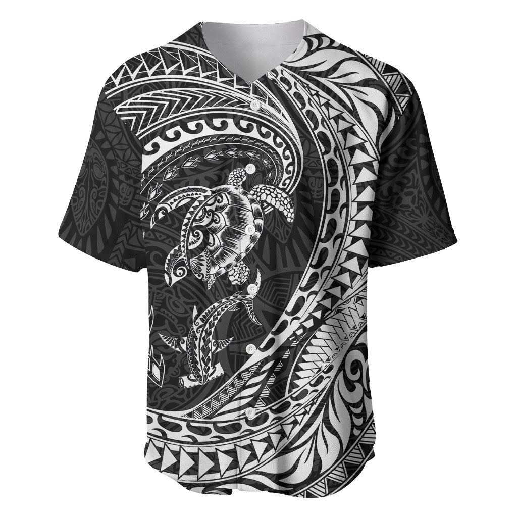 Hawaiian Turtle and Shark Baseball Jersey Kakau Tribal with Polynesian Pattern Black Color