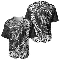 Hawaiian Turtle and Shark Baseball Jersey Kakau Tribal with Polynesian Pattern Black Color