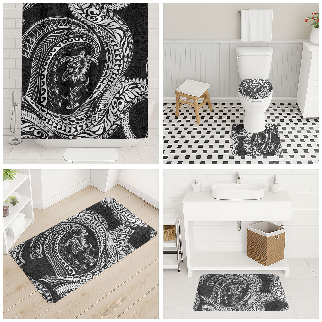 Hawaiian Turtle and Shark Bathroom Set Kakau Tribal with Polynesian Pattern Black Color