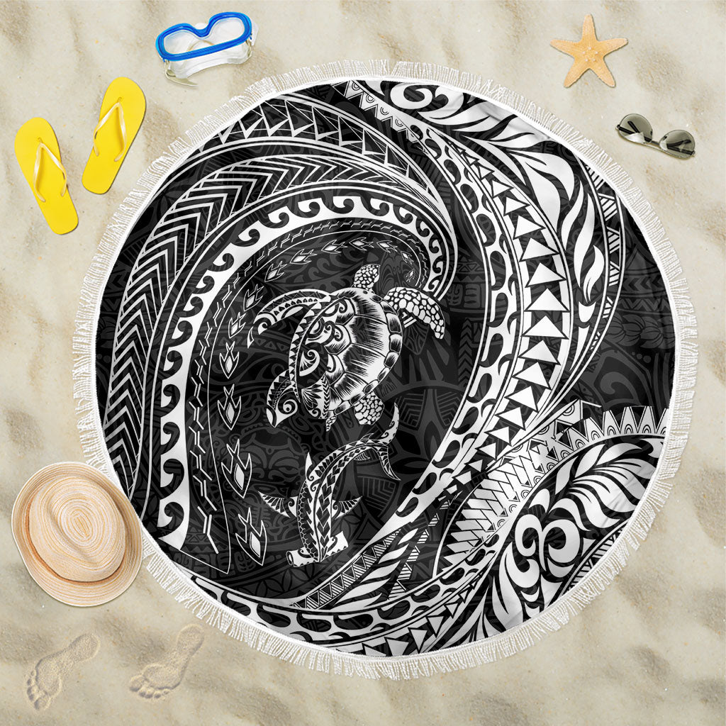 Hawaiian Turtle and Shark Beach Blanket Kakau Tribal with Polynesian Pattern Black Color
