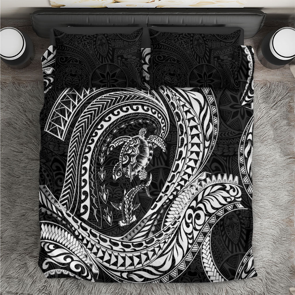Hawaiian Turtle and Shark Bedding Set Kakau Tribal with Polynesian Pattern Black Color