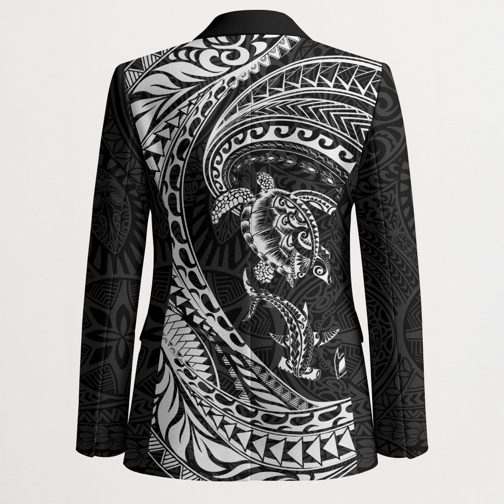 Hawaiian Turtle and Shark Blazer Kakau Tribal with Polynesian Pattern Black Color