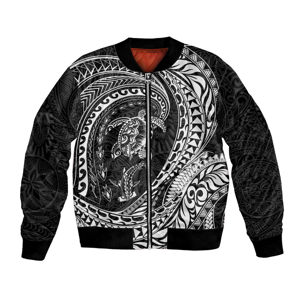 Hawaiian Turtle and Shark Bomber Jacket Kakau Tribal with Polynesian Pattern Black Color