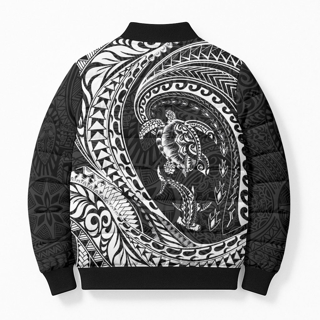 Hawaiian Turtle and Shark Bomber Puffer Jacket Kakau Tribal with Polynesian Pattern Black Color