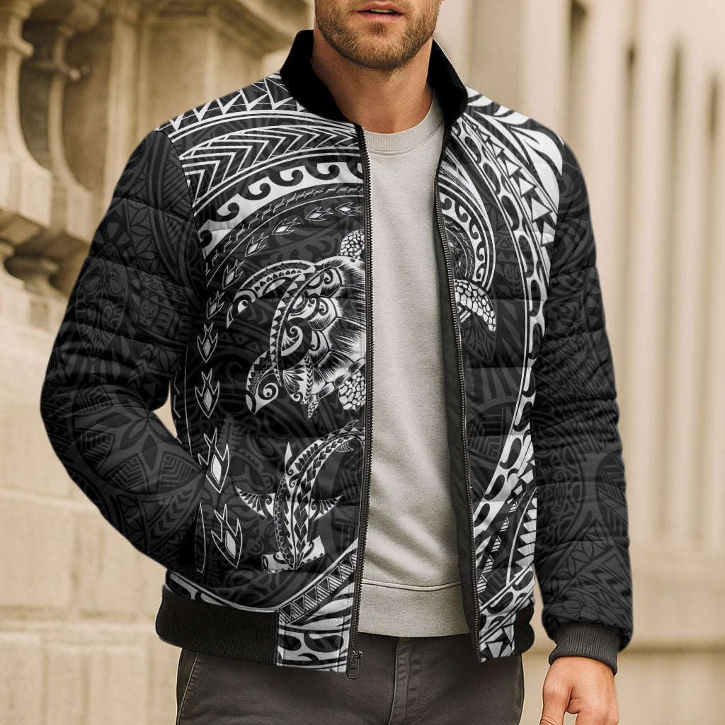 Hawaiian Turtle and Shark Bomber Puffer Jacket Kakau Tribal with Polynesian Pattern Black Color