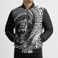 Hawaiian Turtle and Shark Bomber Puffer Jacket Kakau Tribal with Polynesian Pattern Black Color