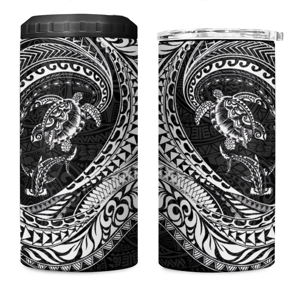Hawaiian Turtle and Shark 4 in 1 Can Cooler Tumbler Kakau Tribal with Polynesian Pattern Black Color