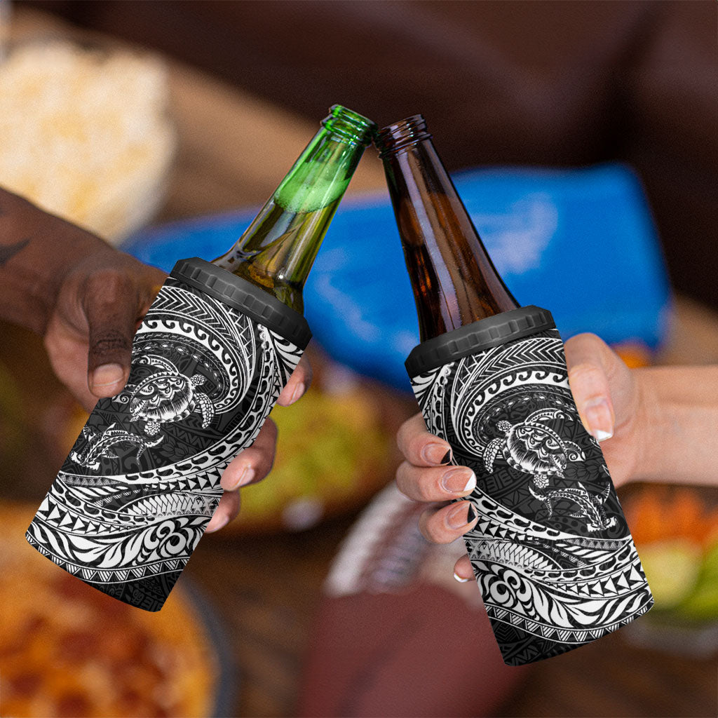 Hawaiian Turtle and Shark 4 in 1 Can Cooler Tumbler Kakau Tribal with Polynesian Pattern Black Color