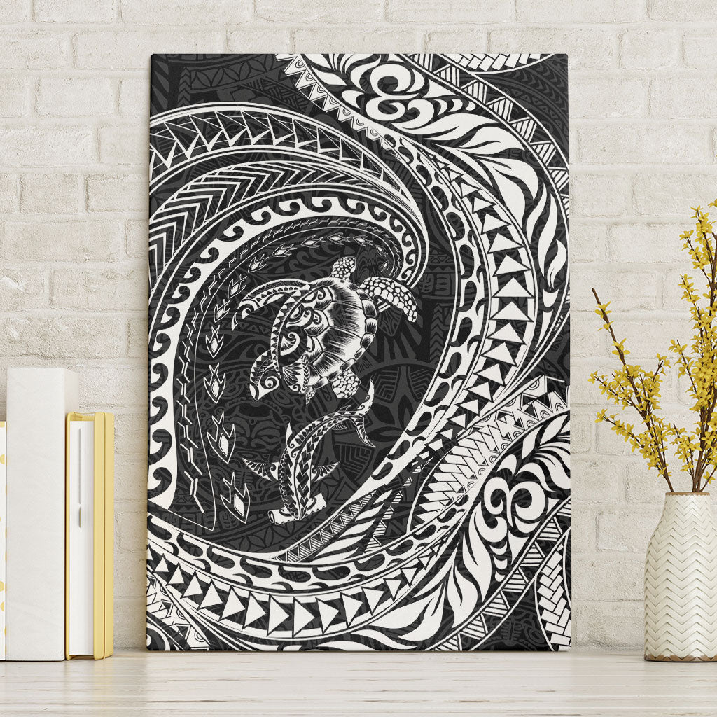 Hawaiian Turtle and Shark Canvas Wall Art Kakau Tribal with Polynesian Pattern Black Color