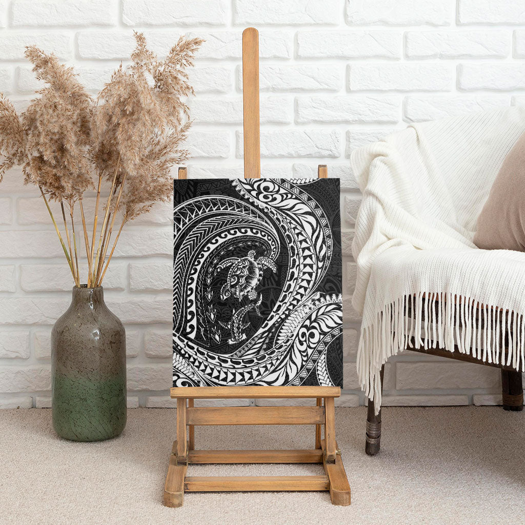 Hawaiian Turtle and Shark Canvas Wall Art Kakau Tribal with Polynesian Pattern Black Color