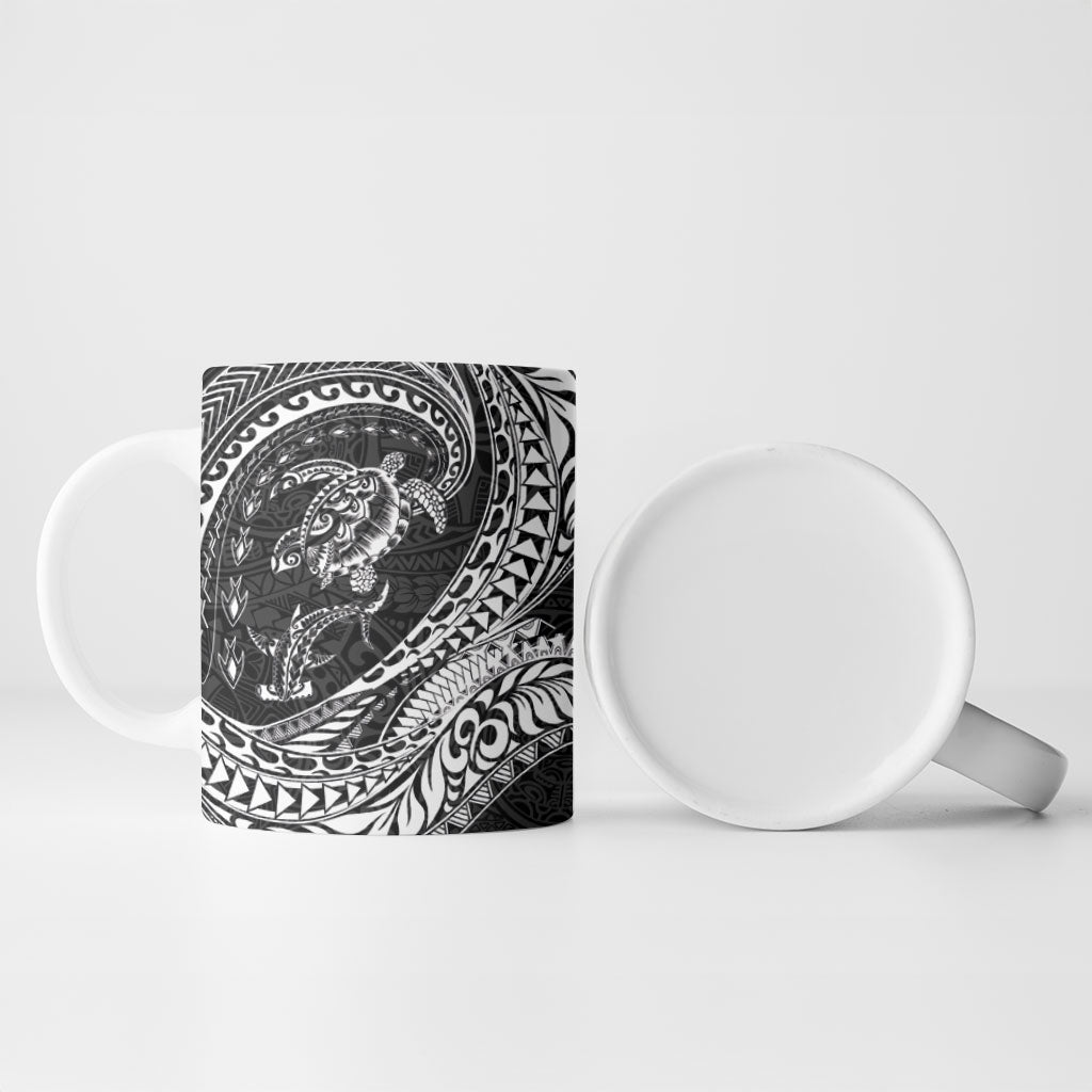 Hawaiian Turtle and Shark Ceramic Mug Kakau Tribal with Polynesian Pattern Black Color