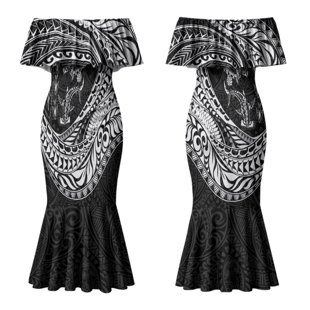 Hawaiian Turtle and Shark Couples Matching Mermaid Dress and Long Sleeve Button Shirt Kakau Tribal with Polynesian Pattern Black Color