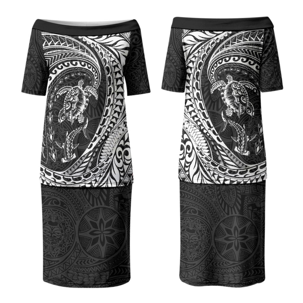 Hawaiian Turtle and Shark Couples Matching Puletasi and Hawaiian Shirt Kakau Tribal with Polynesian Pattern Black Color