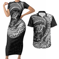 Hawaiian Turtle and Shark Couples Matching Short Sleeve Bodycon Dress and Hawaiian Shirt Kakau Tribal with Polynesian Pattern Black Color