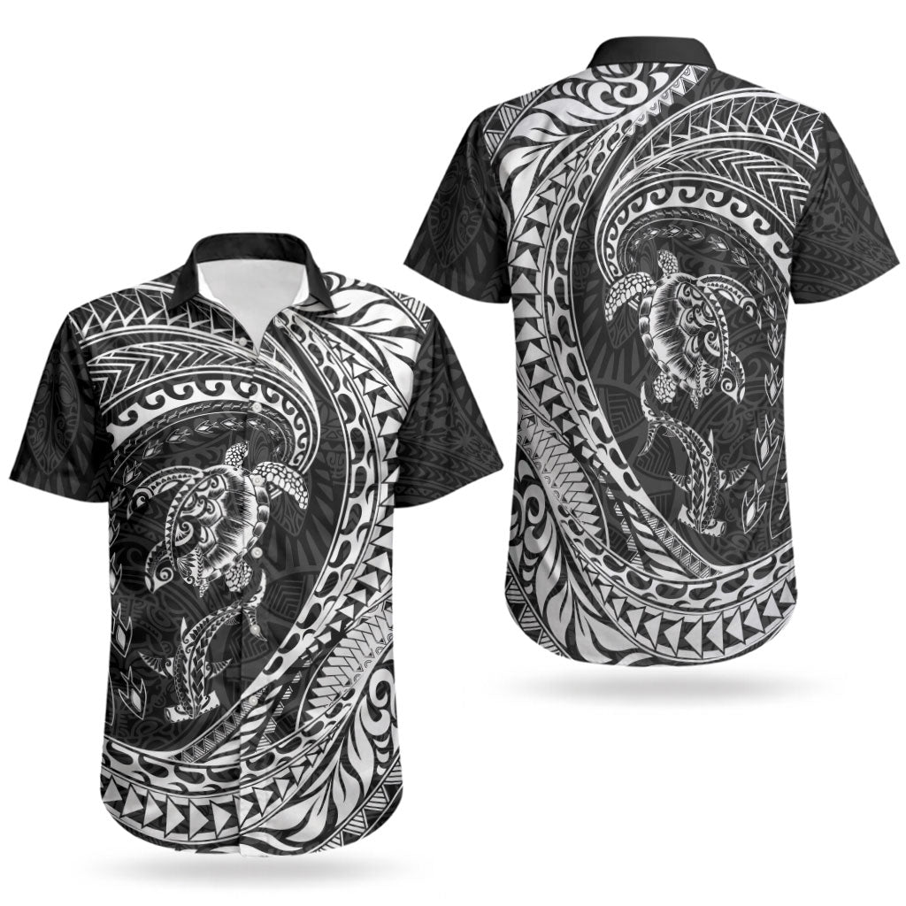 Hawaiian Turtle and Shark Couples Matching Short Sleeve Bodycon Dress and Hawaiian Shirt Kakau Tribal with Polynesian Pattern Black Color