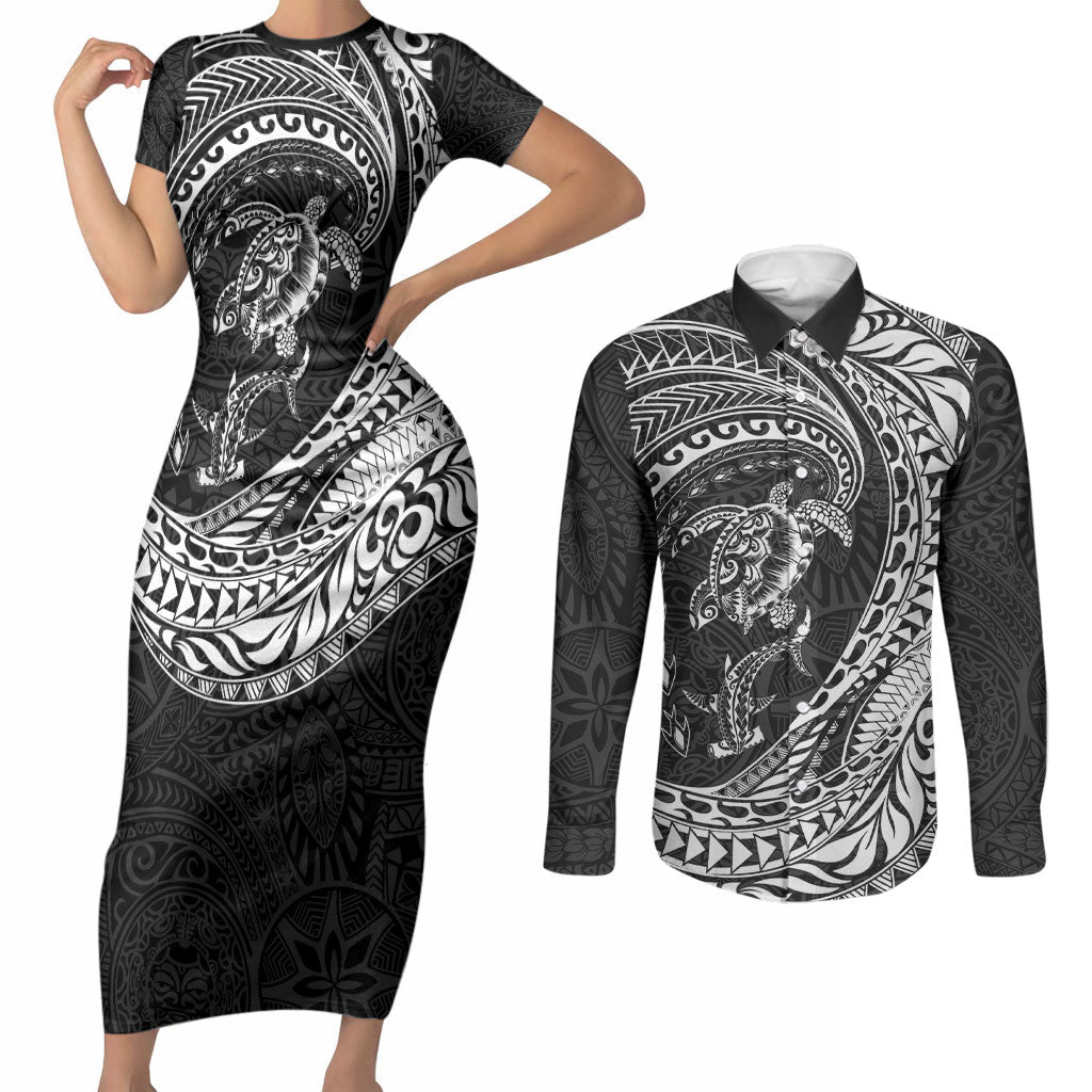 Hawaiian Turtle and Shark Couples Matching Short Sleeve Bodycon Dress and Long Sleeve Button Shirt Kakau Tribal with Polynesian Pattern Black Color