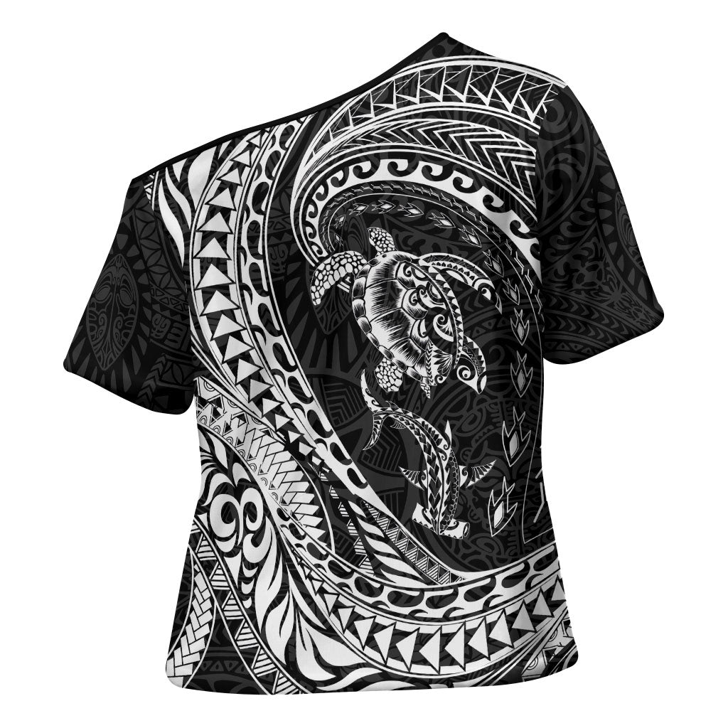 Hawaiian Turtle and Shark Cross Shoulder Shirt Kakau Tribal with Polynesian Pattern Black Color