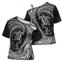Hawaiian Turtle and Shark Cross Shoulder Shirt Kakau Tribal with Polynesian Pattern Black Color