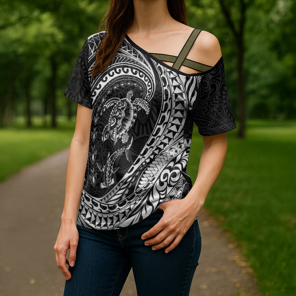 Hawaiian Turtle and Shark Cross Shoulder Shirt Kakau Tribal with Polynesian Pattern Black Color
