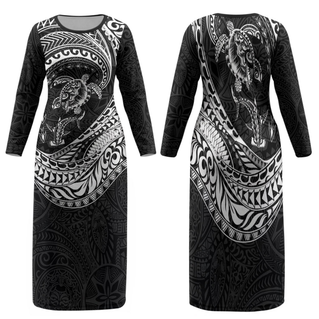 Hawaiian Turtle and Shark Family Matching Long Sleeve Bodycon Dress and Hawaiian Shirt Kakau Tribal with Polynesian Pattern Black Color