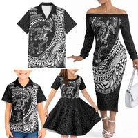 Hawaiian Turtle and Shark Family Matching Off The Shoulder Long Sleeve Dress and Hawaiian Shirt Kakau Tribal with Polynesian Pattern Black Color