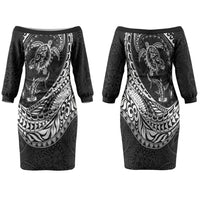 Hawaiian Turtle and Shark Family Matching Off The Shoulder Long Sleeve Dress and Hawaiian Shirt Kakau Tribal with Polynesian Pattern Black Color