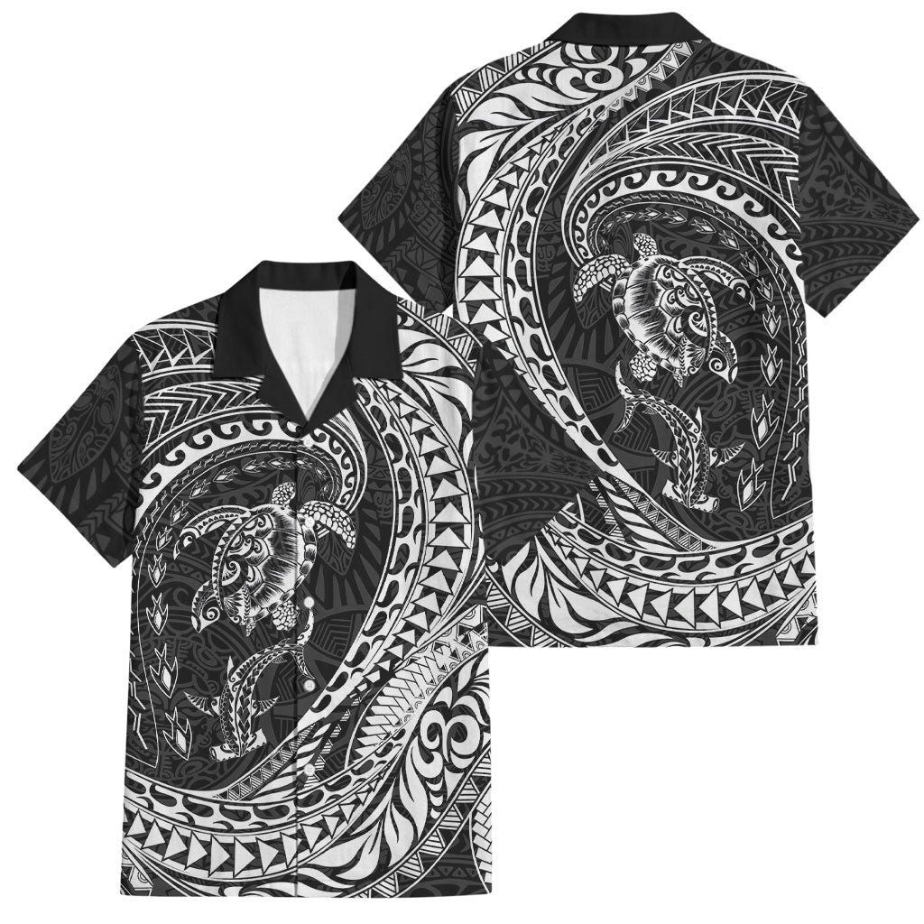 Hawaiian Turtle and Shark Family Matching Off The Shoulder Long Sleeve Dress and Hawaiian Shirt Kakau Tribal with Polynesian Pattern Black Color