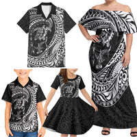 Hawaiian Turtle and Shark Family Matching Off Shoulder Maxi Dress and Hawaiian Shirt Kakau Tribal with Polynesian Pattern Black Color
