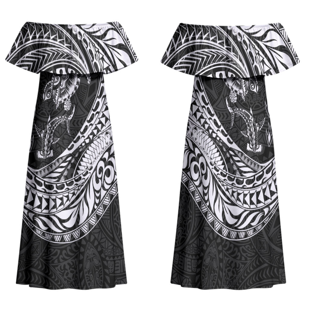 Hawaiian Turtle and Shark Family Matching Off Shoulder Maxi Dress and Hawaiian Shirt Kakau Tribal with Polynesian Pattern Black Color