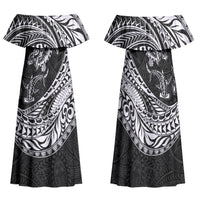 Hawaiian Turtle and Shark Family Matching Off Shoulder Maxi Dress and Hawaiian Shirt Kakau Tribal with Polynesian Pattern Black Color
