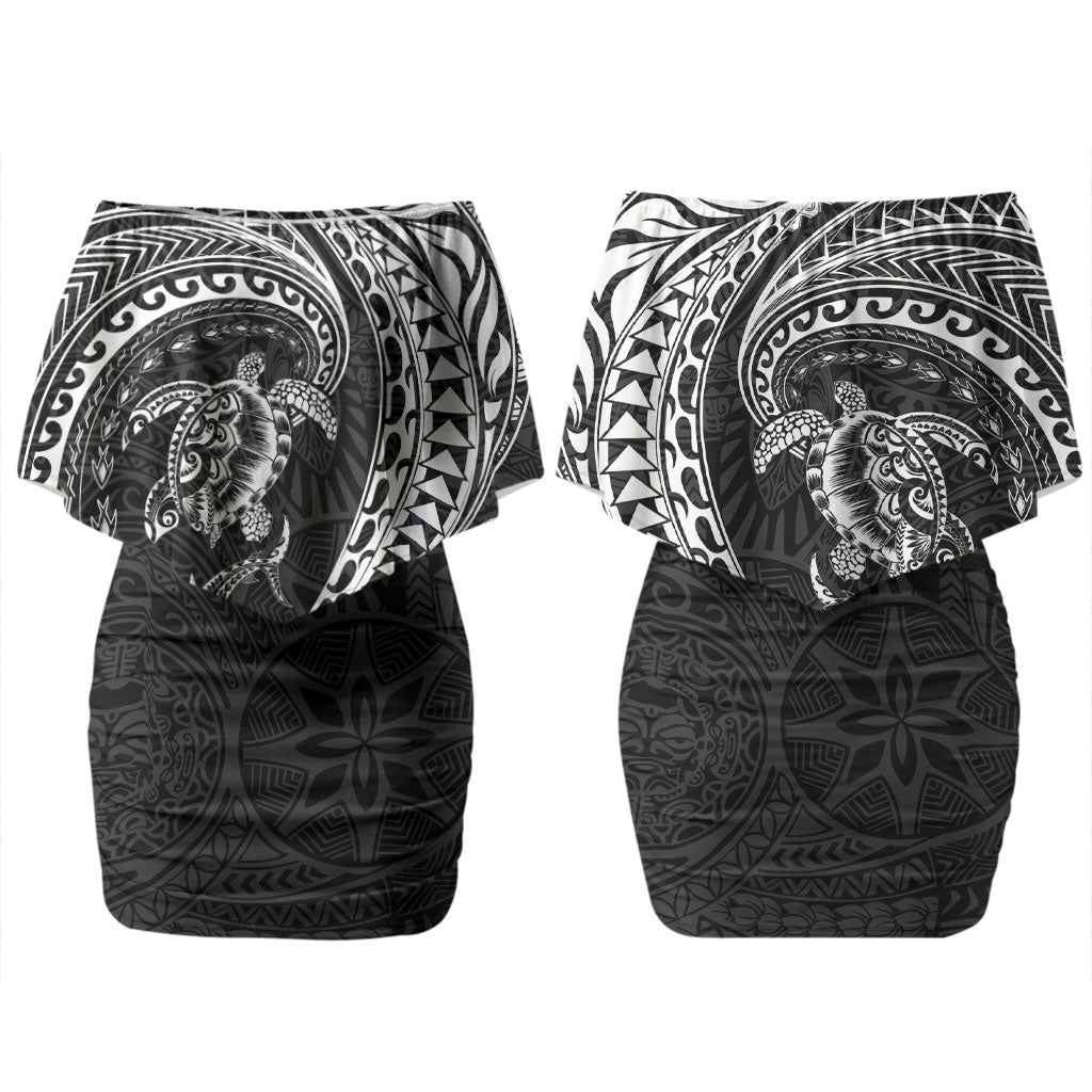 Hawaiian Turtle and Shark Family Matching Off Shoulder Short Dress and Hawaiian Shirt Kakau Tribal with Polynesian Pattern Black Color