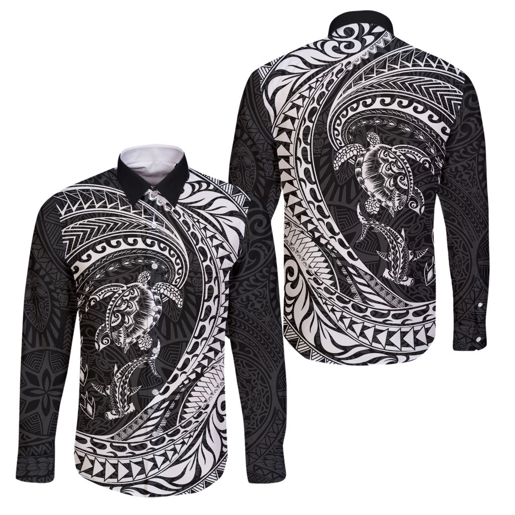 Hawaiian Turtle and Shark Family Matching Off Shoulder Short Dress and Hawaiian Shirt Kakau Tribal with Polynesian Pattern Black Color