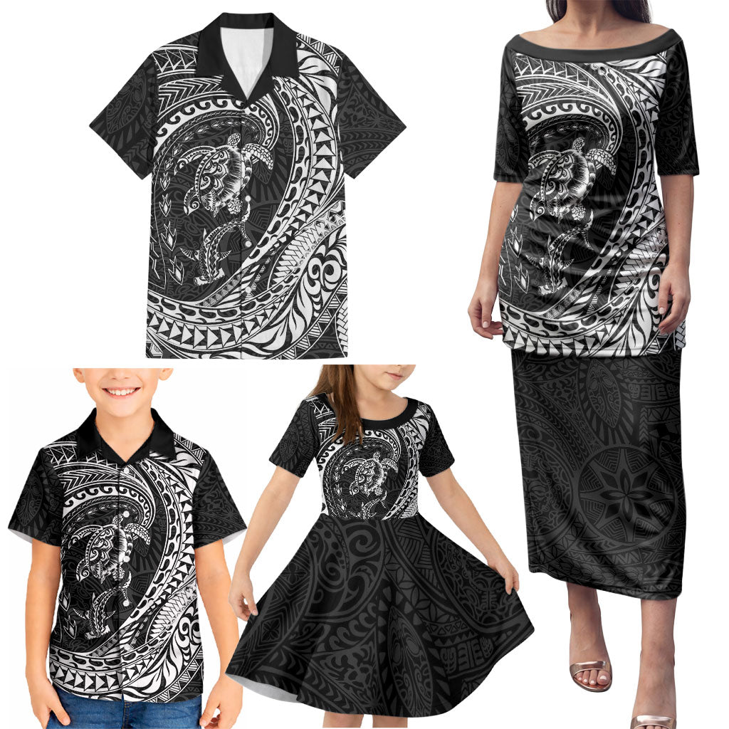 Hawaiian Turtle and Shark Family Matching Puletasi and Hawaiian Shirt Kakau Tribal with Polynesian Pattern Black Color