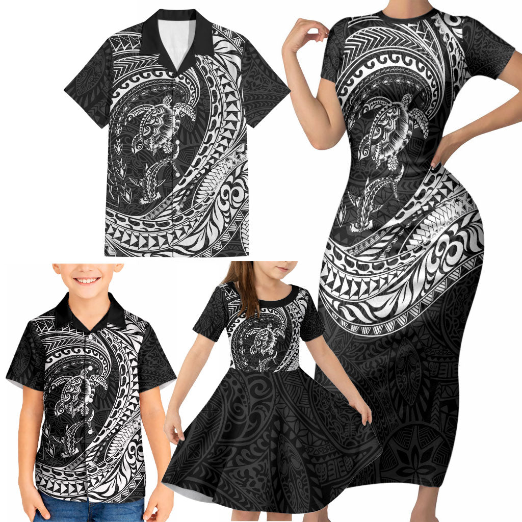 Hawaiian Turtle and Shark Family Matching Short Sleeve Bodycon Dress and Hawaiian Shirt Kakau Tribal with Polynesian Pattern Black Color