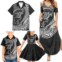 Hawaiian Turtle and Shark Family Matching Summer Maxi Dress and Hawaiian Shirt Kakau Tribal with Polynesian Pattern Black Color