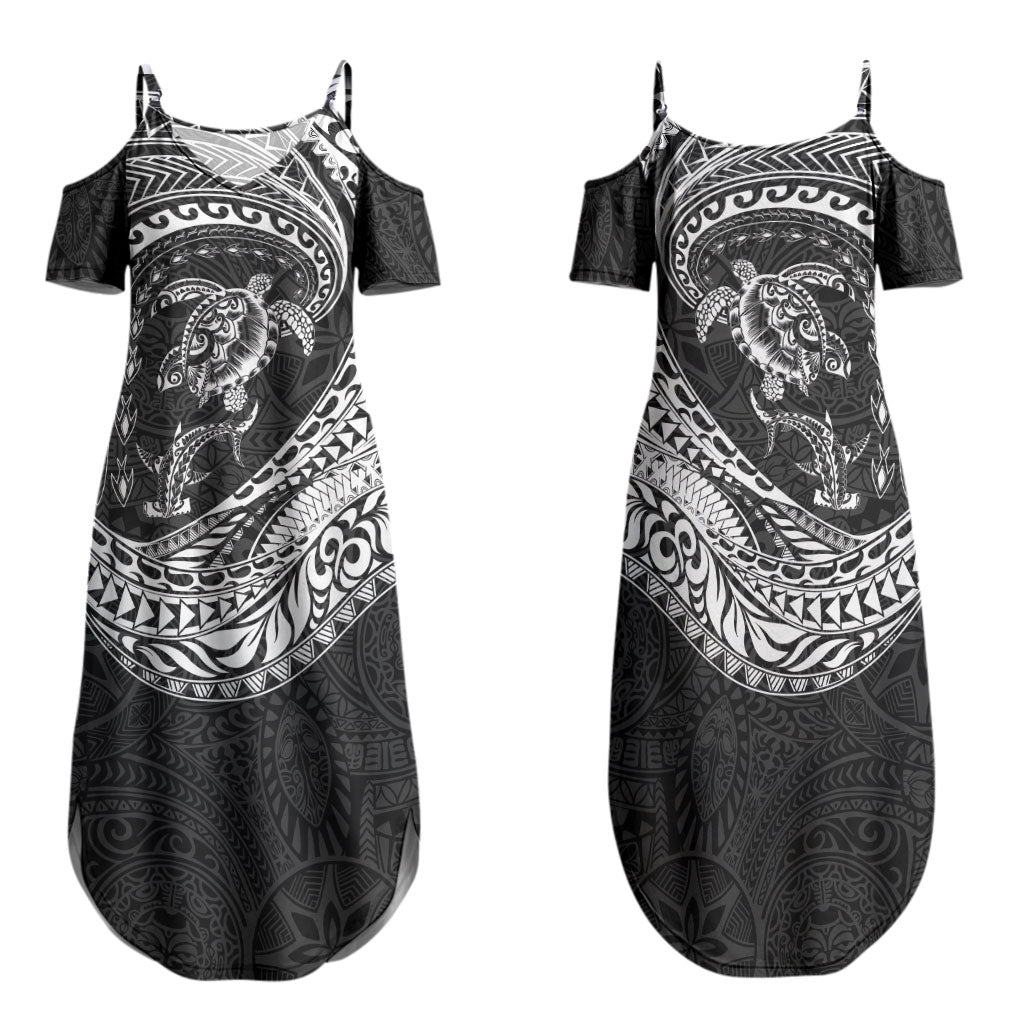 Hawaiian Turtle and Shark Family Matching Summer Maxi Dress and Hawaiian Shirt Kakau Tribal with Polynesian Pattern Black Color