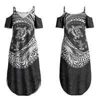 Hawaiian Turtle and Shark Family Matching Summer Maxi Dress and Hawaiian Shirt Kakau Tribal with Polynesian Pattern Black Color