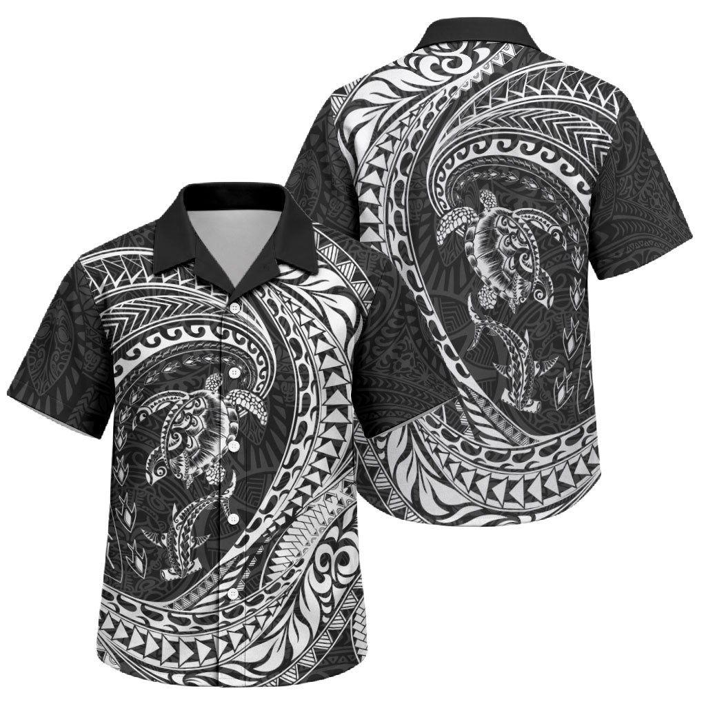 Hawaiian Turtle and Shark Family Matching Summer Maxi Dress and Hawaiian Shirt Kakau Tribal with Polynesian Pattern Black Color
