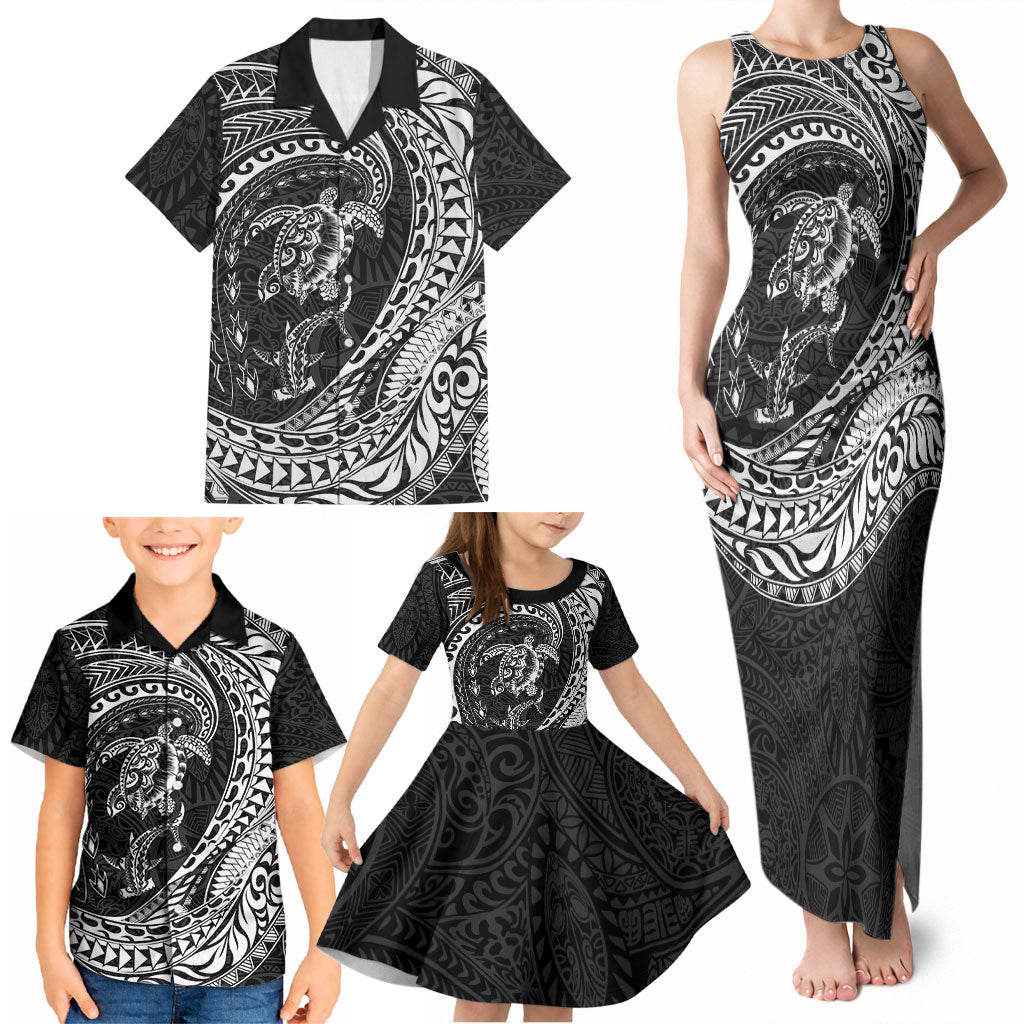 Hawaiian Turtle and Shark Family Matching Tank Maxi Dress and Hawaiian Shirt Kakau Tribal with Polynesian Pattern Black Color