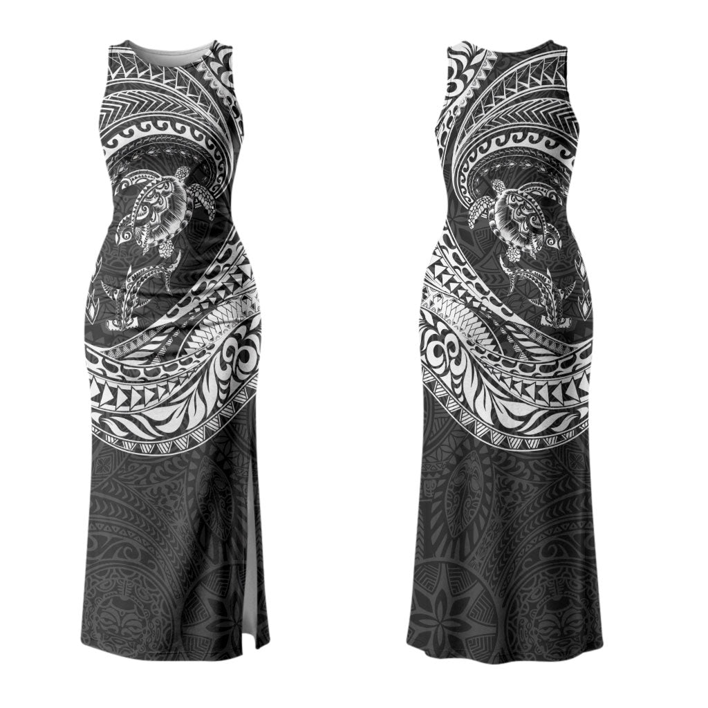 Hawaiian Turtle and Shark Family Matching Tank Maxi Dress and Hawaiian Shirt Kakau Tribal with Polynesian Pattern Black Color