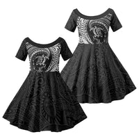 Hawaiian Turtle and Shark Family Matching Tank Maxi Dress and Hawaiian Shirt Kakau Tribal with Polynesian Pattern Black Color