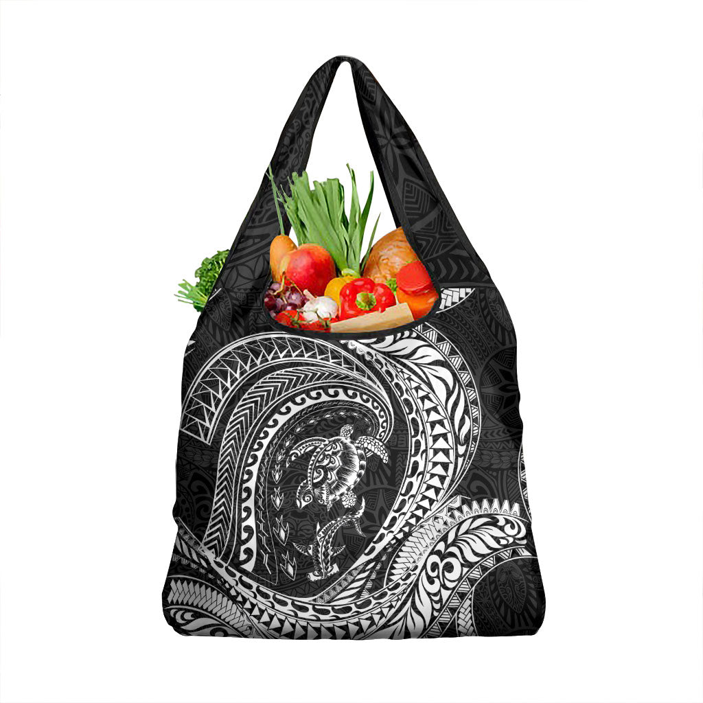 Hawaiian Turtle and Shark Grocery Bag Kakau Tribal with Polynesian Pattern Black Color