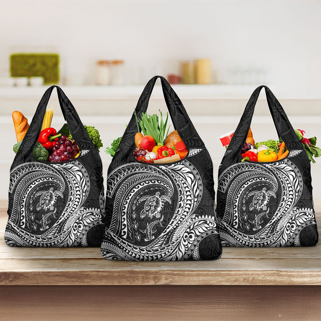Hawaiian Turtle and Shark Grocery Bag Kakau Tribal with Polynesian Pattern Black Color
