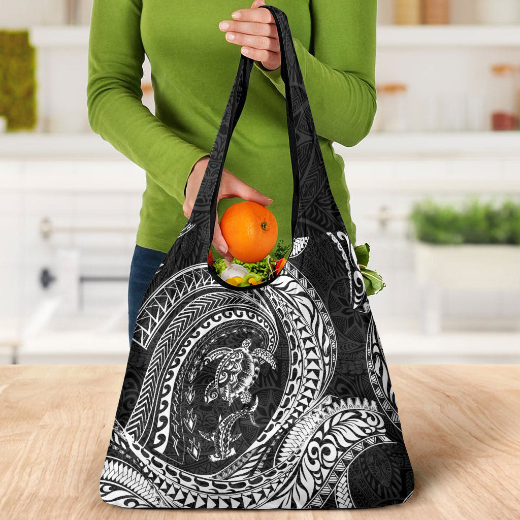 Hawaiian Turtle and Shark Grocery Bag Kakau Tribal with Polynesian Pattern Black Color