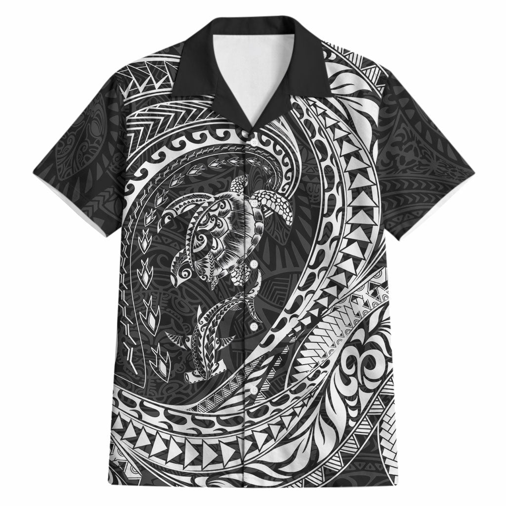 Hawaiian Turtle and Shark Hawaiian Shirt Kakau Tribal with Polynesian Pattern Black Color