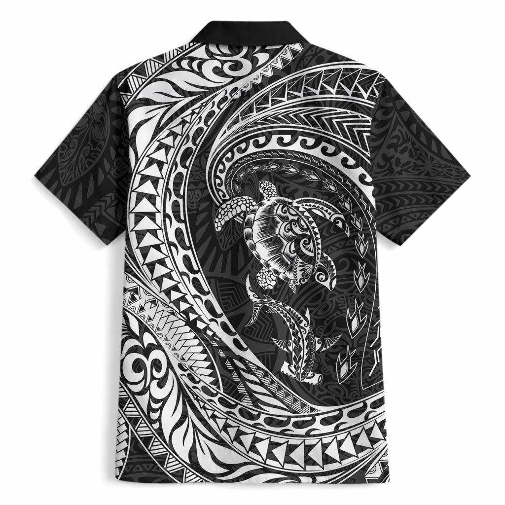 Hawaiian Turtle and Shark Hawaiian Shirt Kakau Tribal with Polynesian Pattern Black Color