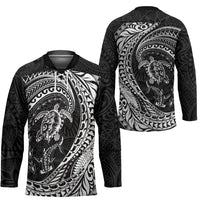 Hawaiian Turtle and Shark Hockey Jersey Kakau Tribal with Polynesian Pattern Black Color